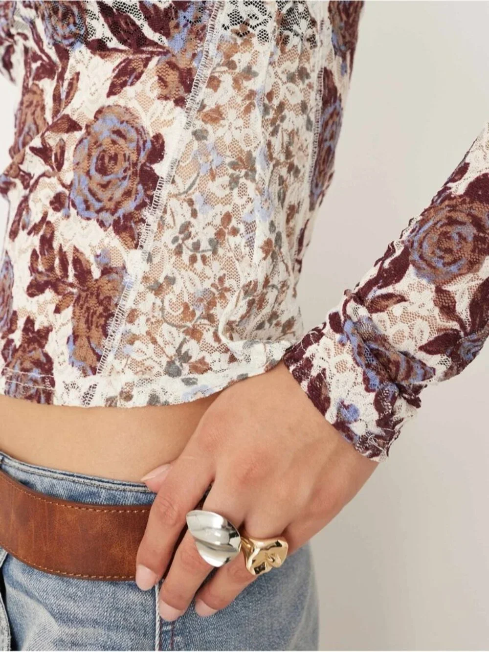 Free People lace high collared Lyric long sleeve top in ivory floral print small